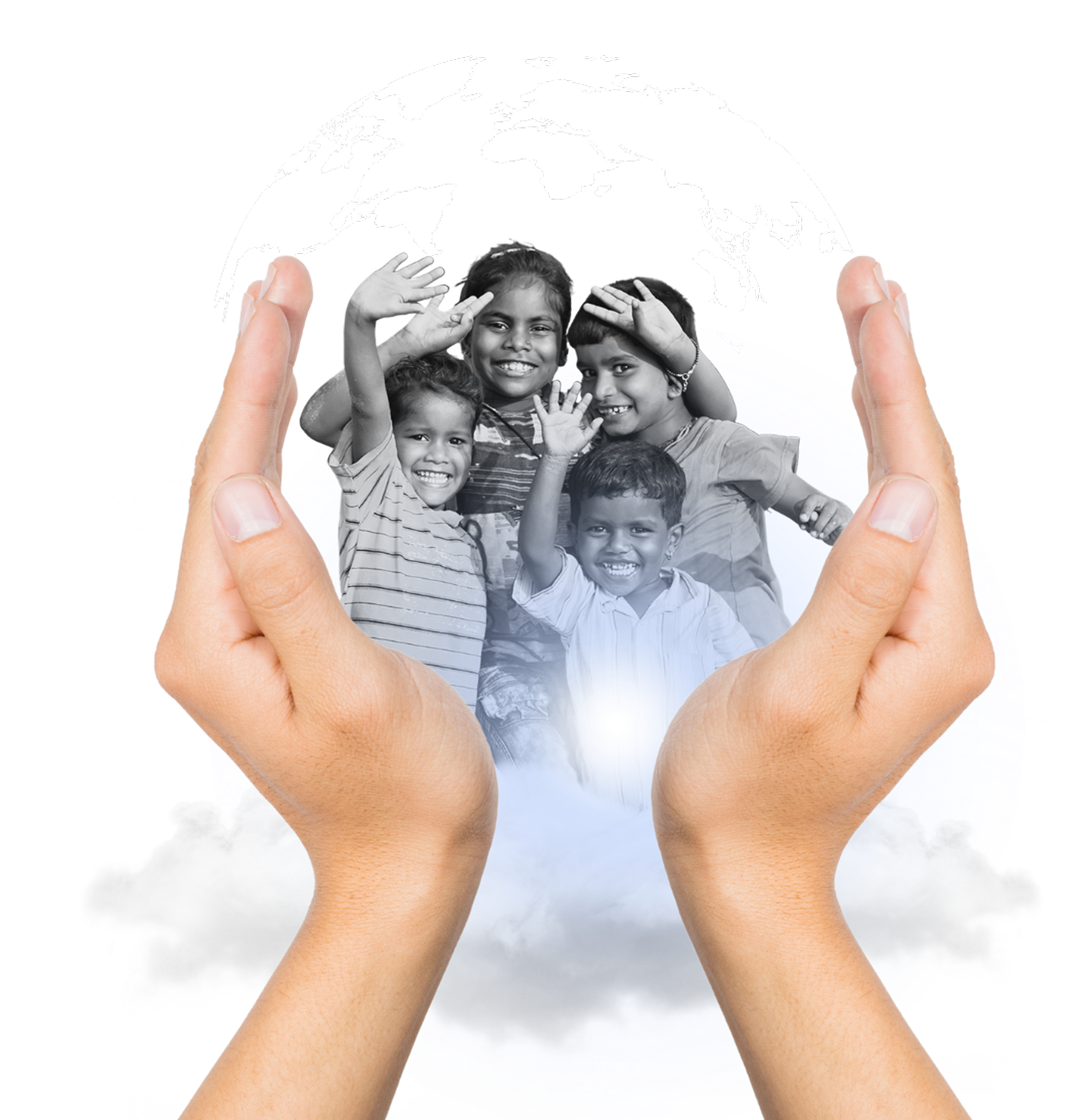 Hands holding globe with children